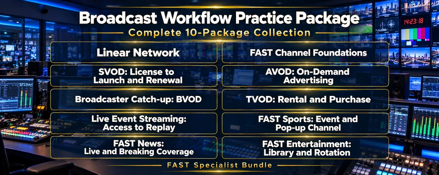 Broadcast Workflow Practice Package — Complete 10-Package Collection: Linear Network, SVOD, FAST Channel Foundations, AVOD, BVOD, TVOD, Live Event Streaming, FAST Sports, FAST News and FAST Entertainment.