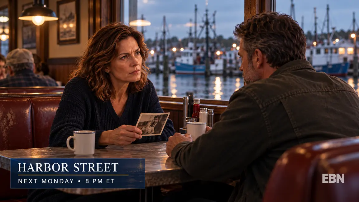 Harbor Street diner scene with tune-in graphic at lower left and EBN logo at lower right